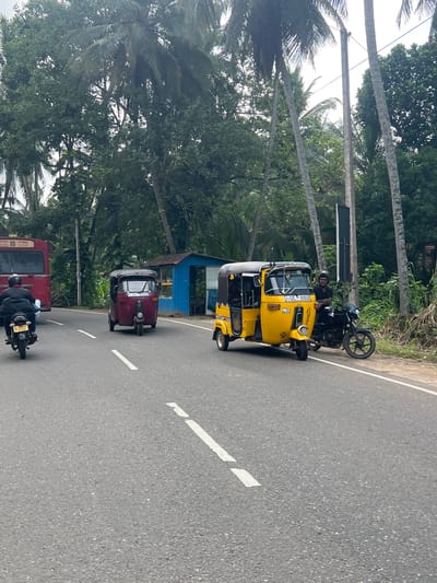 The image depicts a roadway in Paragoda, Sri Lanka. A yellow tuk-tuk is parked on the side of the road, occupied by a driver. A second, maroon-colored tuk-tuk is directly behind it. Further down the road is a red vehicle with a motorcyclist next to it. The road has a white stripe marking. The environment is characterized by lush greenery, including numerous palm trees.