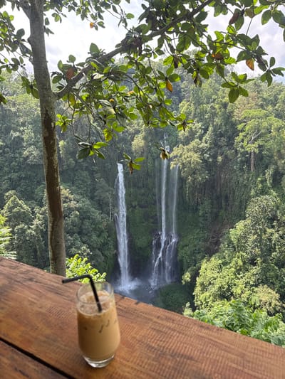 A glass of iced coffee with a black straw sits on a wooden table, overlooking a lush green forest with a multi-tiered waterfall. A tree branch with green leaves frames the left side of the image. The background shows a dense forest with varying shades of green, highlighting the cascading waterfalls. The sky is partly cloudy, visible through the trees.