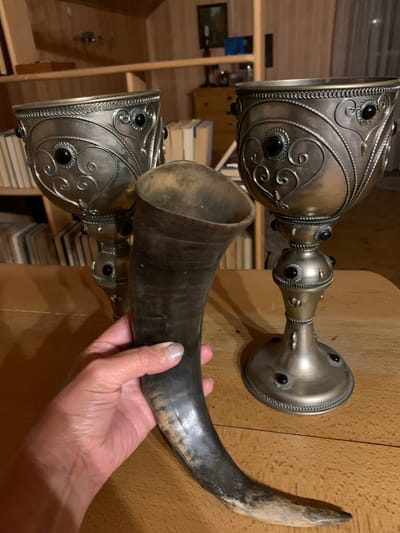 Two ornate, silver goblets with black stone inlays are placed vertically on a wooden shelf, one above the other. A curved, dark horn, likely a drinking vessel, is held horizontally by a person's hand, its tip pointing towards the right. The horn's opening is dark and appears to be made of natural material. The goblets are intricately decorated with swirling patterns and beaded edges. The background shows wooden shelves filled with books, suggesting a study or a library. The lighting is warm, indicating an indoor setting, possibly in the evening or under artificial light. The scene conveys a sense of historical or cultural artifacts.