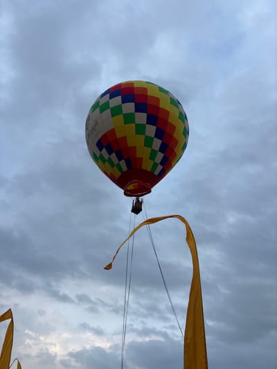 The image depicts a multi-colored hot air balloon against an overcast sky in Bedulu, Indonesia. The balloon's envelope features a checkered pattern composed of red, orange, yellow, green, blue, white, and dark-colored panels. A white section on the balloon displays partially visible text, including "Elephant Park Lodge" and a URL, "balielephantparklodge.com". A dark-colored basket is suspended beneath the balloon, containing at least one individual. Multiple dark tethers extend downwards from the basket area. In the foreground, two distinct yellow fabric elements are present: one on the right side of the frame forms an upward-curving arc, and another is partially visible at the bottom left. The sky is uniformly gray and cloudy.