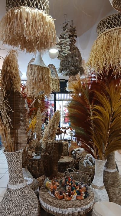 The image depicts a retail display of handcrafted woven baskets and decorative items. The display features various sizes and styles of baskets, including tall vases, round storage containers, and hanging lampshades made from natural fibers like straw and reeds. Some of the baskets are adorned with fringe or woven patterns. Decorative elements include bunches of dried grasses and foliage in earthy tones, as well as a collection of small, painted wooden duck figurines arranged on a woven surface. The overall aesthetic is rustic and bohemian. The setting appears to be an indoor store, with the background showing a glimpse of a window with horizontal blinds and reflections of people and lights, suggesting a public commercial space. While the prompt asks to include the location in Bergerac, France, there is no visual information within the image that specifically identifies this location. Therefore, the description of the location cannot be provided based solely on the visual content.