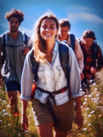 Four individuals are hiking in a rural outdoor environment under a bright blue sky. The person in the foreground is a young woman with blonde hair, smiling and looking towards the camera. She is wearing a light-colored button-down shirt with rolled-up sleeves, khaki shorts, and a backpack. Behind her, three other people are also hiking, all wearing backpacks. The person immediately behind her appears to be a young man with dark, curly hair. Further behind them, two more individuals are visible, one wearing a plaid shirt. The environment is characterized by grassy terrain with scattered wildflowers, suggesting a natural, undeveloped area. There is no indication of the city of Balakliya, Ukraine, within the image.