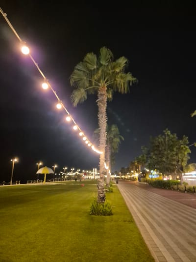 The image depicts a nighttime scene at an outdoor venue, likely a promenade or park, illuminated by strings of warm-toned lights. In the foreground, a well-maintained green lawn occupies the left side of the frame, while a paved walkway with a striped pattern runs along the right. Several palm trees are visible, with one prominent specimen on the right side of the lawn. In the background, a yellow and white umbrella shades a seating area, and further down the promenade, more lights and trees suggest a lively atmosphere. The sky is dark, indicating the nighttime setting. This scene is characteristic of public spaces in the city of Fujairah, United Arab Emirates, known for its coastal promenades and recreational areas that are often enhanced with lighting for evening enjoyment. There are no people clearly visible in the image.