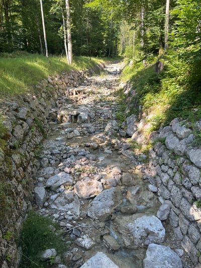 The image shows a narrow, rocky stream bed lined with stone walls, winding through a dense forest. Sunlight filters through the trees, casting dappled shadows on the water and stones. The stream is shallow, with clear water flowing over smooth rocks. The surrounding vegetation consists of lush green grass and trees. The scene is serene and natural, suggesting a secluded location. The image is taken from a slightly elevated perspective, looking down the stream bed.