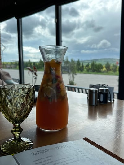 A close-up, eye-level, indoor shot shows a glass decanter filled with a reddish-orange beverage containing sliced fruit, along with a stemmed glass, a restaurant menu, and salt and pepper shakers on a table in a restaurant.
The table is light-colored and appears to be made of wood or laminate. The glass decanter is mostly filled with a drink. The stemmed glass is ornate and empty. The menu is partially visible in the upper-right corner and features text in Georgian (restaurant MAESTRO). The shakers sit toward the back edge of the table.
The background is an exterior view of clouds, sky, trees, and grass, seen through the restaurant's window. The location is Marneuli, Georgia.