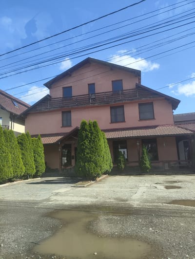The image depicts a two-story building with a pink facade, featuring a covered porch area with a tiled roof. Several tall, green evergreen trees are planted in a row in front of the building. The foreground shows a gravel and paved driveway with puddles of water. In the background, a clear blue sky with some clouds is visible, along with power lines. The scene appears to be a residential or commercial property.
