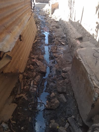 The image depicts a narrow, unpaved channel or alleyway within the city of Ziwa La Ng'ombe ward, Kenya. The channel is filled with stagnant, dark water and an accumulation of mud, rocks, and various debris.
On the left side, a weathered corrugated metal wall, likely forming part of a building, runs parallel to the channel. Its surface shows rust and signs of deterioration. On the right side, a rough concrete or masonry wall with an uneven surface and an elevated ledge defines the other boundary of the channel. Faint markings, possibly graffiti, are visible on a concrete block in the lower right.
The ground of the channel is uneven and comprises dark soil mixed with numerous stones and detritus. A distinct, elongated pool of reflective, dark water runs longitudinally through the center of the channel, reflecting the bright overhead light. Visible objects within the channel include scattered rocks, plastic fragments, and a bent, loop-shaped metal object submerged in the water in the foreground.
The scene is illuminated by bright sunlight, casting shadows along the right wall and deeper into the channel, highlighting the texture of the surfaces. No individuals or animals are present.
