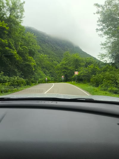 The image depicts a road winding through a lush, green mountainous landscape, possibly in the city of Gamoghma Nogha, Georgia. The road is paved with a white line dividing the lanes and is bordered by dense vegetation and tall trees on either side. Several road signs, indicating curves, are visible along the route. The sky is overcast and foggy, with mist obscuring the tops of the mountains in the distance. The perspective is from inside a vehicle, looking out through the windshield, with the dashboard visible in the foreground. The scene suggests a drive through a scenic, natural environment under a cloudy sky.