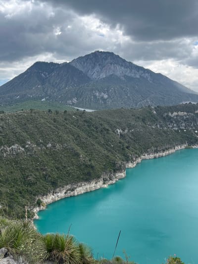 The image depicts a vast, turquoise-colored lake situated within a caldera, likely part of the Cuatro Ciénegas Biosphere Reserve near Guadalupe Victoria, Mexico. The steep, rocky banks of the caldera are densely covered in green, low-lying vegetation and scattered trees. In the background, a large, imposing mountain range rises, its peaks jagged and partially obscured by dark, dramatic clouds. The sky is overcast, with patches of light breaking through. The foreground features the tips of some spiky desert plants and rocks, suggesting a dry, arid environment surrounding the vibrant, almost surreal body of water. There are no people or animals visible in the frame.