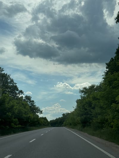 The image shows a straight asphalt road lined with lush green trees on both sides, disappearing into the distance. The sky above is filled with dramatic, dark gray clouds, contrasted by patches of bright blue sky and scattered white cumulus clouds. The road has white dashed lines indicating lanes. The scene appears to be a rural or semi-rural setting, likely a road in or near Pidhorodnie, Ukraine, given the context. There are no people or vehicles visible in the image, suggesting a quiet or isolated moment. The lighting indicates it is daytime, possibly before or after a rain shower due to the cloud formations.
