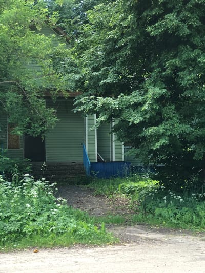 The image shows a two-story, light green wooden house with a covered porch. The porch has steps leading up to it, and a blue railing on the right side. The house is partially obscured by lush green trees and foliage. A window to the left of the entrance is boarded up with plywood. The ground in front of the house is a dirt path with overgrown grass and white wildflowers on the left. The scene appears to be in a rural or semi-rural setting.