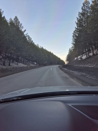 The image shows a road in Дулесово, Russia. The view is taken from inside a vehicle, looking out through the side window. The road curves and is lined with trees on both sides. The sky is visible above the trees. The interior of the vehicle, including the side door and window frame, is also visible.