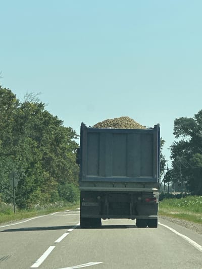 A rear view of a large, dark blue dump truck filled with light-colored gravel is traveling on a paved road. The truck's brake lights are visible, and it has dual rear wheels. The road has white dashed lane markings and a solid white line on the right edge. To the left of the road are dense green trees and a road signpost. To the right of the road is a grassy embankment with some vegetation. The sky is clear and blue. The image appears to be taken from another vehicle on the same road. The location is Tysyachny, Russia.