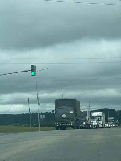 In Alnashi, Russia, a traffic light displays a green signal for a line of trucks at an intersection. The sky is overcast and gray. The road is asphalt. On the right side of the road, there are several streetlights. In the background, there is a dense forest. The foreground shows the road surface and part of the vehicles.