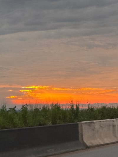 The image captures a vibrant sunset over Orifite, Nigeria. The sky is a canvas of warm oranges and yellows, with streaks of bright light piercing through the clouds. A thin layer of haze or fog hovers near the horizon, softening the edges of the distant landscape. In the foreground, lush green vegetation lines the roadside, with tall grasses and some scattered foliage. A concrete barrier, typical of highway infrastructure, is visible in the lower portion of the frame, separating the viewer from the natural scene beyond. The overall impression is one of natural beauty as day transitions into night.