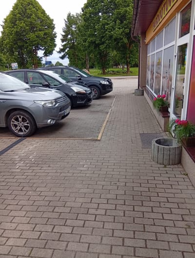 The image depicts an outdoor scene in front of a store with the text "PARDUOTUVĖ" visible on its facade. Three cars are parked side-by-side on a paved area. The car closest to the viewer is a silver SUV, followed by a black minivan with "Picasso" visible on its side, and another black SUV. A paved walkway runs alongside the store, and a concrete planter is situated near the entrance. The store has large windows displaying products, and some potted plants with pink flowers are placed outside. Trees and greenery are visible in the background, suggesting a suburban or semi-rural setting. The location is identified as Micaičiai, Lithuania.