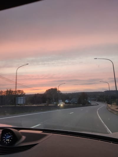 The image captures a scenic view from inside a vehicle driving on a road at dusk. The sky is a gradient of soft pinks and purples, indicative of a sunset, with wispy clouds scattered across it. Several streetlights are visible along the side of the road, some illuminated. The road itself appears to be a highway with multiple lanes, separated by white lines. On the left side of the road, there are trees and some houses nestled amongst them. A white car with its headlights on is approaching from the distance on the left lane. The dashboard of the vehicle is visible in the foreground, displaying a clock that reads 21:50. The location is specified as Hogne, Belgium.