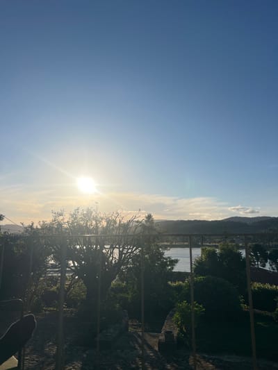 The image depicts a sunlit scene in Gondarém, Portugal. A bright sun dominates the center, casting rays across the sky. In the background, a land mass is visible across the water. The foreground features trees and vegetation. A structure with vertical posts is also visible. The sky is blue. The overall scene appears peaceful and sunny.
