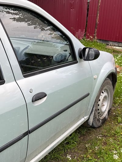 The image shows a light-colored car parked on a grassy area in front of a weathered red metal fence. The car's driver-side door, front fender, and side mirror are visible. The car appears to be dusty and has some water droplets on its surface, possibly from rain. The environment is outdoors with green grass and scattered small white flowers. The red fence behind the car is made of corrugated metal panels and shows signs of age and some damage. The scene is consistent with an outdoor location in the city of Yayva, Russia, given the rural or semi-rural setting suggested by the grass and fence. There are no people or specific actions depicted in the image.