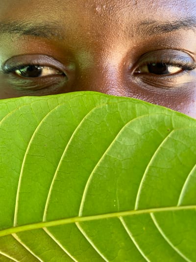 A close-up image shows the right half of a person's face, their dark brown eyes visible on the left side of the frame. A large, vibrant green leaf occupies the right half of the image, partially obscuring the person's face. The leaf's venation is clearly visible. The person's skin appears shiny and moist. The location is Hoss, Nigeria, but that does not appear in the image itself. No actions or interactions are depicted.