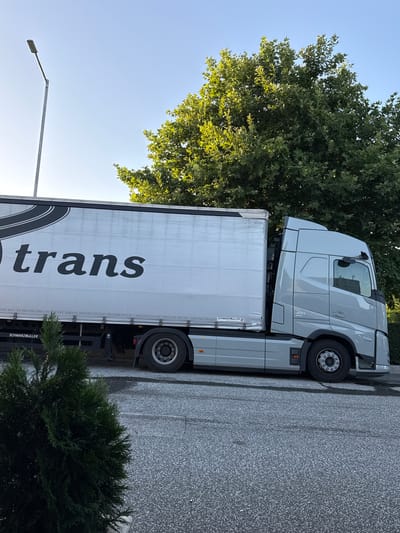 This media file shows a parked semi-trailer truck on a paved surface, likely a road or parking lot. The truck is light gray, with the cab slightly elevated over the trailer. The trailer is white with large black lettering that reads "trans". Along the side of the trailer, a smaller inscription says "SCHWARZMÜLLER".
To the left of the truck, a large, leafy green tree is visible, with sunlight filtering through its branches. The sky is a clear, pale blue, suggesting it's daytime, likely morning or late afternoon due to the angle of the sunlight. In the background, more trees and foliage can be seen. A street lamp is also visible on the left side of the frame, its arm extended over the scene. The ground texture is rough and speckled, consistent with asphalt or a similar paved material. The overall impression is one of a normal day, with the truck parked outdoors in what appears to be a somewhat natural setting, possibly on the outskirts of a town or in a rural area. The image is oriented vertically, with the truck positioned on the right side. There are no people visible in the frame. The weather appears to be clear and pleasant.