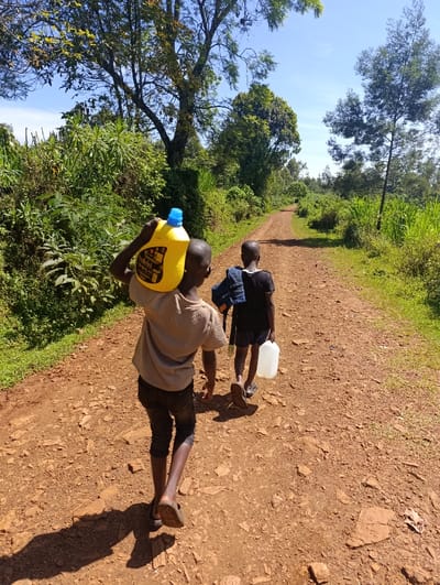 The image shows two children walking away from the viewer on a well-worn, reddish-brown dirt road in a rural setting in Kaplelwo, Kenya. The road is bordered by dense, lush green vegetation, including various trees and shrubs, under a bright, clear blue sky.
The child in the foreground, on the left, wears a light-colored t-shirt and dark bottoms, with sandals on their feet. They are carrying a large, bright yellow plastic jerry can with a blue cap balanced on their head/shoulder. The brand "Tushiri" is clearly visible on the side of this container. A long shadow cast by this child on the road indicates bright sunlight, suggesting it is late morning or early afternoon.
Further ahead and to the right, the second child wears a dark t-shirt and dark shorts, with a dark backpack on. They are carrying a smaller, translucent white plastic jerry can by hand. Both children appear to be walking purposefully along the path, which curves gently into the distance, flanked by the abundant greenery. The scene depicts a common daily activity, likely related to water collection or transport, in this rural Kenyan landscape.