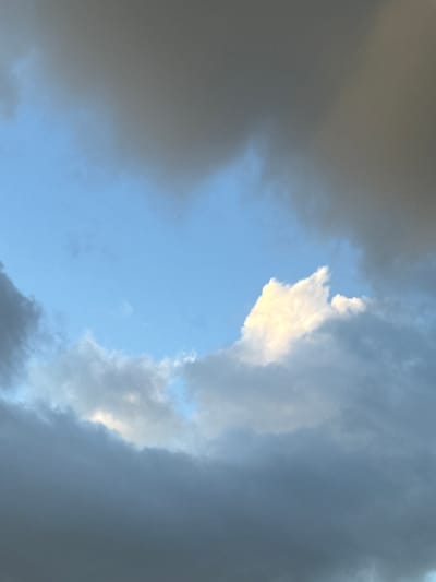 The image depicts a sky filled with clouds of varying shades of gray and white, with patches of blue sky visible. The lighting suggests it might be late afternoon or early evening. There are no discernible structures, people, or objects in the image, only clouds and sky. The location is stated as Voeikovo, Russia.