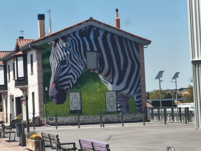 A building in Agurain / Salvatierra, Spain, features a large mural of a zebra's head and neck on its facade. The mural covers the upper portion of the building, with the zebra's black and white stripes set against a green background. The zebra's head is oriented to the left, with its eye visible. Two square windows with diamond-shaped grilles are visible on the mural, appearing as if they are part of the zebra's body. The building itself has a tiled roof and several other windows. In front of the building, there is a paved area with several benches and a planter. A fence separates the building from the paved area. In the background, solar panels are visible on poles, and trees and hills are in the distance. The sky is clear and blue.