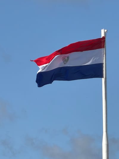 The media file shows a flag of Paraguay hanging from a flagpole against a clear blue sky. The flag is composed of three horizontal stripes: red, white, and blue, with the national coat of arms in the center of the white stripe. The flag appears to be slightly ruffled by the wind. In the background, there are some faint clouds. The image seems to have been taken during the daytime, as evidenced by the bright sky. There is no visible text in the image.