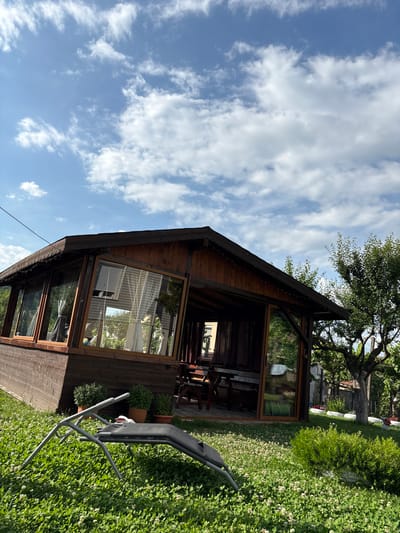 This image captures an outdoor scene in Polena, Bulgaria, featuring a multi-sided wooden structure, likely a gazebo or sunroom, situated on a verdant lawn. The structure is constructed from dark brown stained wood, including horizontal paneling on its lower section, and is topped with a dark shingled roof. Large glass windows and a glass door comprise the visible facade, revealing internal light-colored blinds or curtains, potted plants, and interior furniture consisting of a table and chairs. Small decorative string lights are visible along the roof eaves on the left side of the structure.
The surrounding ground is a dense green lawn intermixed with numerous small white clover flowers. In the immediate left foreground, a grey, metallic-framed foldable lounge chair with a dark fabric sling rests on its side. Several potted green bushes are arranged directly in front of the wooden structure. To the right of the building, a large, mature deciduous tree with green foliage stands, partially obscuring the structure's far right side. A long, manicured green shrub is visible in the middle ground on the right.
The sky occupies the upper portion of the frame, displaying a clear blue with scattered white cumulus and cirrus clouds. A thin black cable extends diagonally across the upper left quadrant of the sky. The scene is illuminated by natural sunlight, casting visible shadows. No individuals or animals are present in the image.