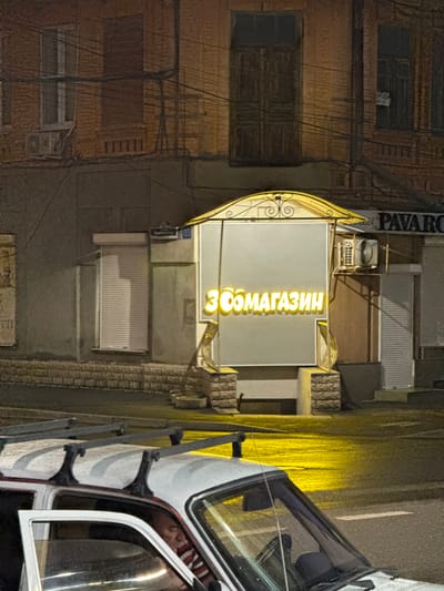 This is a nighttime photograph of a street scene in Chemul'ga, Russia. In the foreground, the roof and part of the driver's side of a white car are visible. The car has a roof rack. To the right of the car, the wet asphalt reflects bright yellow light. In the background, a building with a brick facade is illuminated. Above a storefront, a brightly lit yellow neon sign reads "ЗООВМАГАЗИН," which translates to "pet store." The storefront itself is covered by a roll-down shutter. Above the shuttered storefront, a street sign is visible that reads "33 Малиновского" (33 Malinovsky Street). An air conditioning unit is mounted on the wall of the building.