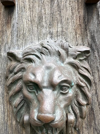 A close-up photograph shows a weathered bronze lion head knocker affixed to a weathered wooden surface. The lion's mane is detailed, and the metal has a greenish tinge, suggesting age and oxidation. The wooden surface features horizontal grain and some visible wear. Two dark wooden protrusions are visible on the left side of the image. The image does not provide any information about the location or city of Pulverbatch, United Kingdom. The knocker is the main subject of the image.