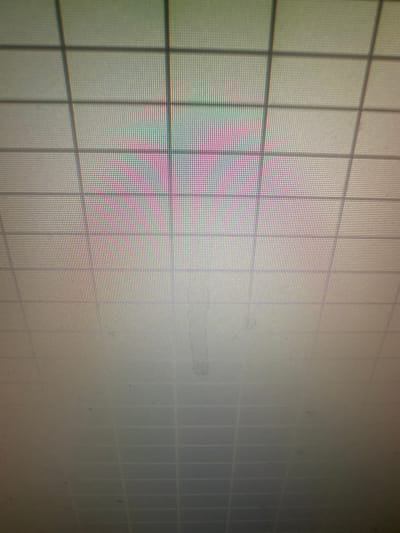 The image displays a close-up, pixelated view of a digital display screen. The screen exhibits a uniform grid pattern of thin, dark horizontal and vertical lines against a light grey to white background, consistent with a blank spreadsheet or grid paper on a digital interface. Individual red, green, and blue sub-pixels are discernable, particularly in the upper-center portion where a slight purple-red color cast is present. Multiple small, irregularly shaped specks and smudges, likely dust or minor debris, are visible on the screen's surface. No individuals, explicit actions, or other objects are depicted. The scene is located in the city of Pamidovo, Bulgaria.