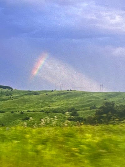 The image depicts a rural landscape with a gradient of colors and textures. The left side of the frame is dominated by a soft, hazy blue sky with hints of a faint rainbow, suggesting a recent or ongoing light shower. The rainbow appears as a delicate arc of pastel colors – pink, yellow, and green – dissolving into the sky.

The right side of the image features a vibrant, undulating green hill, likely covered in grass and sparse vegetation. The texture of the hill is rich, with variations in shades of green indicating sunlight and shadow. Scattered across the hillside are dark specks, possibly small trees or bushes. In the distance, silhouetted against the sky, are two tall, slender pylons, suggesting the presence of power lines, a common feature in rural or semi-rural settings.

The orientation of the image is unusual, appearing to be rotated, which gives a sense of looking up at the sky from the perspective of the hill. The overall impression is one of natural beauty and serenity. The time of day is not clearly defined but the soft lighting and the presence of a rainbow suggest it could be morning or late afternoon, possibly after a brief rain. The location, identified as Sagopshi, Russia, reinforces the rural, natural setting. There is no visible text in the image.