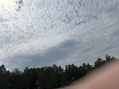 The image depicts a scene with a dense forest of coniferous trees in the foreground, with several small, wooden cabins interspersed within or behind the trees. The cabins appear to be rustic, with triangular roofs visible on some. The ground is sandy or beach-like. In the sky, there is a dramatic display of altocumulus clouds, characterized by their rippled, wave-like patterns. A part of a person's hand, with a pinkish hue, is blurred in the lower right corner of the image, partially obscuring the view of the landscape. The overall impression is that of a natural setting, possibly a campsite or a recreational area, under an overcast sky. The location is identified as Ayyrtau, Kazakhstan.
