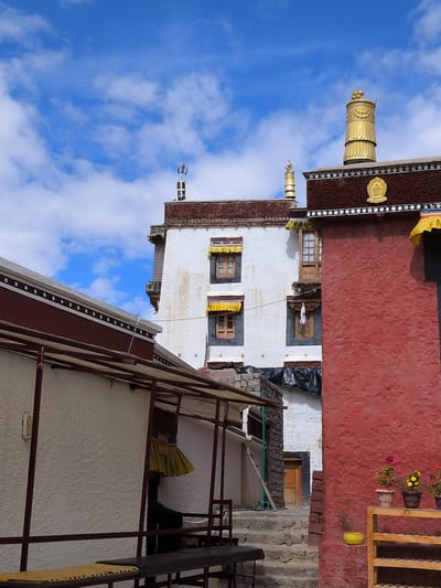 This image shows a view of a monastery building in Choma, India, under a blue sky with scattered white clouds. The monastery features traditional Tibetan architecture with whitewashed walls and red-painted sections. Prominently, there are golden stupas on the rooftops, indicating a significant religious site. Several windows with wooden frames and yellow awnings are visible on the white building. A red wall with some decorative elements and a golden emblem stands to the right. In the foreground, there is a covered walkway with a white wall and a rack of potted plants, including pink and yellow flowers, on the right side. Stone steps lead up to an entrance between the buildings. The scene is quiet and appears to be outdoors during daylight.