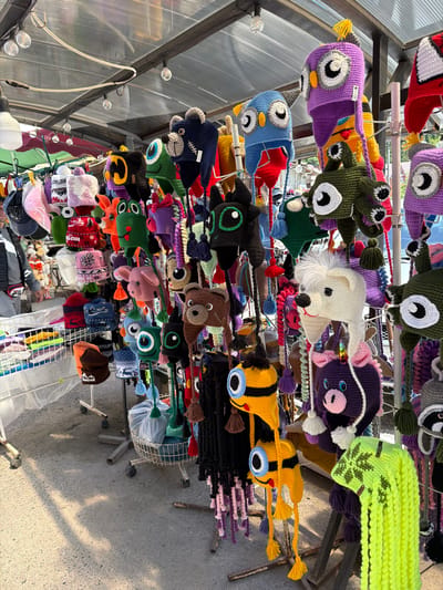 The image displays a vibrant street market stall filled with an assortment of brightly colored, crocheted animal-themed hats and accessories. The items are predominantly in the shape of owls, fish, frogs, and a white dog, each with large, expressive eyes. They are hung from metal racks, creating a dense, colorful display. The setting appears to be outdoors, with a corrugated plastic roof structure visible overhead, suggesting a covered market or a permanent stall. The lighting indicates it is daytime, with shadows cast on the ground, implying a sunny day. Some of the hats feature tassels and cords, adding to their whimsical appeal. In the background, more stalls and some people can be vaguely seen, hinting at a bustling market environment. A few instances of Cyrillic text are visible on some of the items, specifically on what appear to be fabric tags or labels attached to the hats, such as "DOMB." The overall impression is one of a lively marketplace offering handmade, playful merchandise.