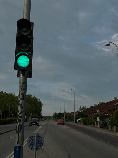 A vertical traffic light displays a bright green signal. The traffic light is mounted on a metal pole with graffiti. In the background, a two-lane road stretches into the distance. A black SUV is driving away from the camera on the left lane, and a red car is driving away on the right lane. On the right side of the road, a row of residential houses with red roofs is visible. The sky is overcast with gray clouds. The scene appears to be a suburban street in the city of Roskilde, Denmark, based on visual cues often associated with Danish urban or suburban landscapes.