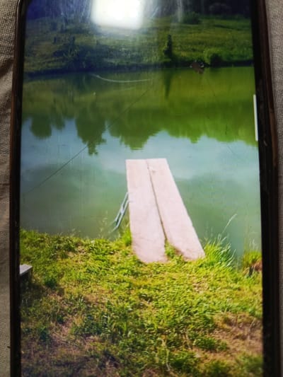 The image displays a body of water with a wooden plank walkway extending into it. The surrounding area is covered in green grass, with trees visible in the background. The scene is captured on a screen, evidenced by visible lines and reflections, and is framed by a dark border. The image does not contain information about the city of Svoboda, Russia.