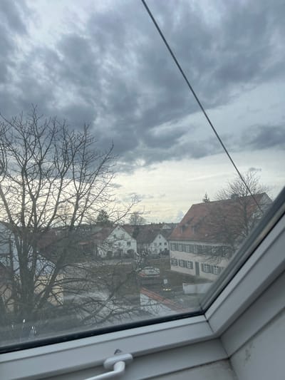 The image depicts an exterior view of a residential area in Benningen, Germany, observed through an interior attic or dormer window. The sky is entirely overcast, characterized by dense, undulating grey clouds. A dark, thin line, possibly a power cable or antenna wire, traverses the upper portion of the frame diagonally from the upper right to the upper left.

In the immediate foreground, the lower section of a white window frame is visible, complete with a white latch handle on the bottom left. The window pane exhibits minor smudges and reflections.

The left midground is dominated by a large, deciduous tree, devoid of leaves, indicating late autumn, winter, or early spring. Its intricate network of bare branches extends across the left half of the scene.

Beyond the tree, multiple two-to-three-story residential buildings are present. These structures feature light-colored facades, often white or beige, and are topped with distinct red-tiled gabled roofs. Many windows are visible, some equipped with dark shutters. In the central midground, a white utility or construction vehicle, possibly a compact excavator or mini-loader, is parked on a grassy or dirt patch. It features a visible boom arm and what appears to be a red and white logo or marking on its side. Further residential buildings are visible in the background. No individuals are present in the observable scene.