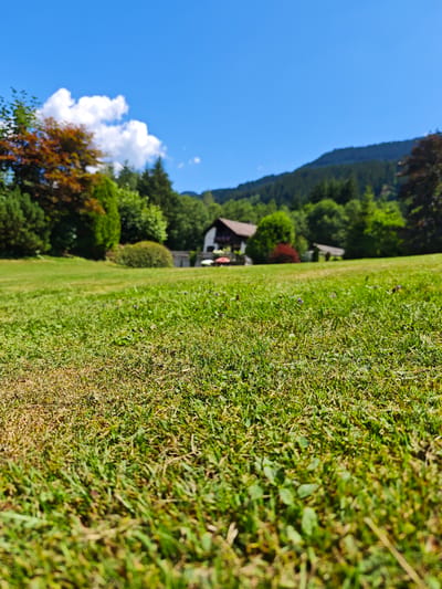The image shows a low-angle view of a well-maintained green lawn in front of a house. The lawn appears to be in the city of Hütte, Austria, given the context of the surrounding environment which includes lush green trees, a mountainous backdrop, and a clear blue sky with a single white cloud. The house, visible in the mid-ground, is a traditional European-style building with a dark roof and white walls. A red structure, possibly a car or garden furniture, is partially visible in front of the house. The foreground is dominated by the texture of the grass, with some patches of dry, yellowish grass suggesting varied conditions. The overall scene depicts a peaceful, sunny day in a rural or semi-rural setting.