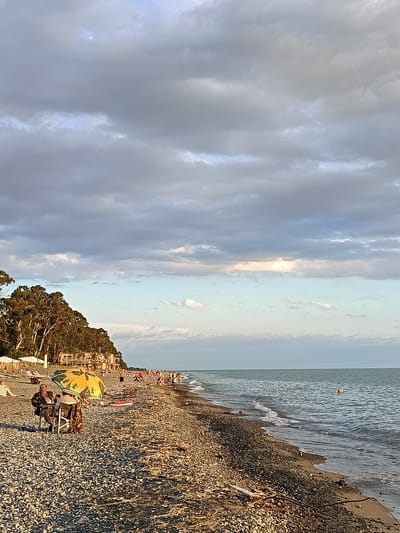 This is a vertical, medium shot of a pebble beach in Gulrypsh, Abkhazia, with the Black Sea on the right and a forested embankment on the left. The sky is filled with a mix of dark and light gray clouds, with hints of blue sky and soft pinkish light peeking through. The water is calm with small waves lapping at the shore, and an orange buoy is visible in the distance.
In the foreground, the pebble beach is covered in various sizes of gray and brown stones, interspersed with dried plant debris. Two people are seated at a small table under a yellow and green umbrella. One person is facing left, looking towards the water, and the other is facing the viewer, with their back to the water. They appear to be relaxing.
Further down the beach, several other people are scattered, some walking, some sitting on loungers, and some standing. Beach umbrellas, tents, and lounge chairs are visible. The embankment on the left is densely covered with trees, primarily eucalyptus, with some buildings and structures visible amongst them. The overall impression is a peaceful, late afternoon scene on a somewhat cloudy day at the beach.