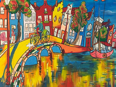 This vibrant, folk-art style painting depicts a lively canal scene in Ossenzijl, Netherlands. The foreground features a brightly colored bridge spanning a blue canal. The bridge is painted in shades of yellow, orange, and green, with arched openings revealing the water below. Reflections of the colorful buildings and bridge are visible on the water's surface.
On the bridge, a person on a bicycle, dressed in a blue jacket and a red and white striped hat, is a central subject. To the left, another figure, possibly an adult, pushes a pink baby carriage. A small white dog stands on the bridge, looking towards the right. In the background, a row of distinctively Dutch canal houses rises, painted in bold hues of red, yellow, blue, and white. These buildings have tall, narrow facades and varied window styles.
A small pink boat with a white sail is moored in the canal to the right, adding to the picturesque setting. Trees with red and green foliage are strategically placed, adding depth and color to the scene. The overall impression is one of a sunny, bustling day, likely in spring or summer, given the vibrant colors and foliage. The art style is characterized by thick outlines, flat colors, and a slightly distorted perspective, creating a whimsical and charming atmosphere. There is no visible text in the image.