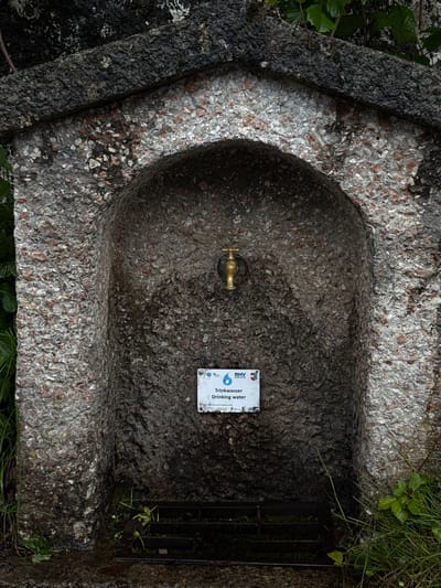 An outdoor drinking fountain is built into a stone alcove with a brass faucet. A sign below the faucet reads "Trinkwasser drinking water" in German and English. The fountain is surrounded by mossy stones and lush green foliage. It is located in the Austrian city of Hallstatt, nestled among the Alps.