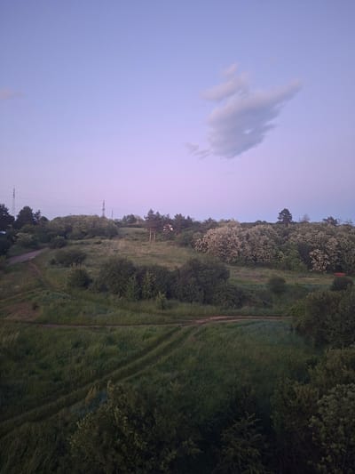 The image shows a landscape in Stolnik, Bulgaria, at twilight. The sky is a light purple-blue with a single white cloud. Below, a field of green grass slopes downward, marked by paths and tire tracks. Trees line the right edge of the field. Power lines stretch across the middle ground.