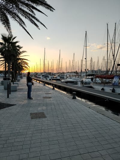 A solitary woman stands on a paved walkway, facing a marina filled with sailboats at sunset in Canet-en-Roussillon, France. The woman, wearing a dark shirt and blue jeans, has a grey crossbody bag and her hair is pulled back. She is positioned to the left of the frame, looking out towards the water. Palm trees with dark fronds are silhouetted against the bright orange and yellow hues of the setting sun, which is visible low on the horizon between two groups of boats. The marina is packed with numerous sailboats, their masts creating a dense, vertical pattern against the sky. The walkway is constructed of light gray rectangular paving stones. In the foreground, benches and lighting fixtures are visible. The water in the marina reflects the warm light of the sunset.