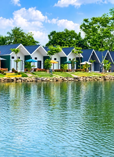 This image shows a row of modern, detached houses with dark blue pitched roofs and white and green facades, situated along a calm body of water. The houses are elevated on stilts with small green lawns and landscaping in front, including palm trees and ornamental bushes. Outdoor seating areas with umbrellas are visible in front of some of the houses, suggesting a resort or residential complex. The water in the foreground has a textured surface with ripples reflecting the surrounding greenery and the blue sky with white clouds. The background is filled with lush green trees, indicating a natural or semi-natural environment. The image appears to be taken during daylight. The location provided, Eampat Kwalamencirim, Indonesia, is not a recognized city or location, and therefore, specific details about it cannot be included in the description.