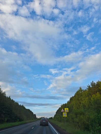 The image captures a view from a vehicle traveling on a paved road through a forested area. The road curves to the right, with a dense line of green trees lining the left side of the frame. On the right side of the road, there is a cluster of road signs. The closest signs are yellow and triangular, depicting a pedestrian crossing and an intersection with a pedestrian symbol. Below these, a circular yellow sign with a red border displays the number "70", indicating a speed limit. Further down the road, another car with a license plate visible is driving ahead. The sky above is blue with scattered white clouds. The scene appears to be in a rural or suburban setting, given the surrounding trees and the absence of urban structures, potentially the area of Новая Казмаска, Russia, based on the provided context.