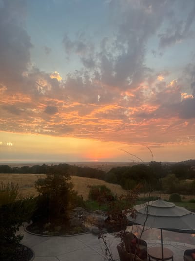 The image depicts a sunset over a rural-suburban landscape in Shingle Springs, United States, viewed from an elevated residential outdoor area. The sky is dominated by a setting sun, visible as an orange disc near the horizon, casting warm orange, pink, and yellow light across numerous clouds. The upper sky transitions to cooler blues and grays. The mid-ground features expansive, dry, golden-brown fields punctuated by dark green trees and foliage, extending towards a hazy distant horizon. In the foreground, a paved patio area is visible, partially obscured. On the right, a multi-tiered, light-colored patio umbrella covers part of an outdoor seating arrangement, including an chair with cushions and a round table. To the left, a landscaped area includes dark-leafed plants, a small tree, and a rock feature or pond with dark stones. A dark metal fence or railing separates the landscaped area from the natural landscape beyond. No individuals or actions are discernible.
