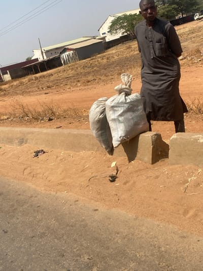 The scene depicts an adult male standing beside a paved road and dirt shoulder in Lapai, Nigeria, under clear skies and bright sunlight. The man, dressed in a dark grey traditional tunic and trousers, stands with his hands clasped behind his back, looking towards the viewer. Adjacent to his legs, resting on a light grey concrete curb, are two large, tied sacks, appearing to be made of woven plastic. The ground between the curb and the paved road is sandy and reddish-brown, scattered with dry foliage, wood shavings, and a small, deceased lizard. Behind the curb, a dry, reddish-brown dirt slope rises, leading to several industrial-style buildings, primarily white and grey, with corrugated roofs visible in the background. Sparse, dry vegetation is present on the slope and around the structures. Overhead power lines are discernible against the hazy sky.